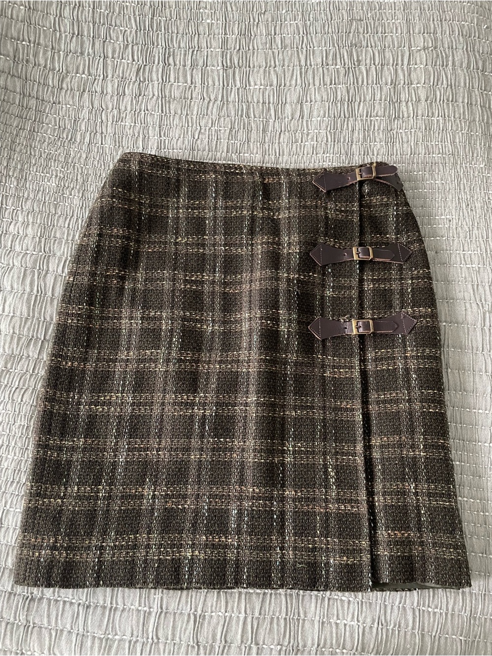 Vintage Green/Brown Tweed Plaid Buckle Skirt Size 6 Grunge 90s Academia Retro